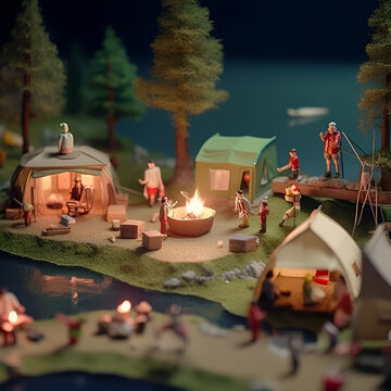 Miniature people in the camp near the lake. Camping concept. Miniature, Stop - motion animation style, Glamping, 1990s.