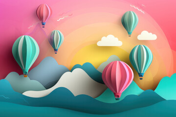 Fototapeta na wymiar Paper colorful balloons in the sky at sunset. Background in papercut style. AI generative.