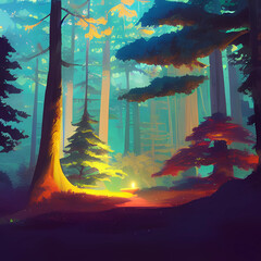 abstract watercolor background of an illuminated forest