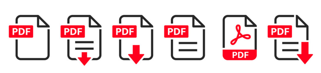PDF file format icons set. PDF file download symbols. Format for texts, images, vector images, videos, interactive forms - stock vector. - obrazy, fototapety, plakaty