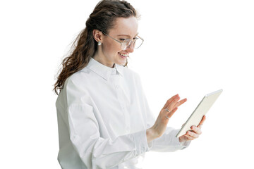 A young creative female student uses a tablet with glasses , transparent background, png.