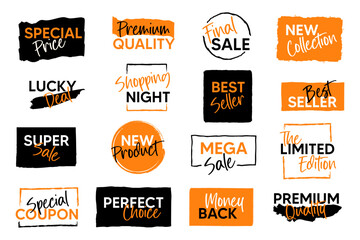Set of brush sale banners, labels, tags and stickers.	