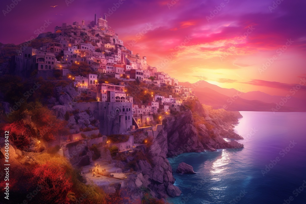Poster a depiction of a city perched on top of a cliff with a view of the ocean generative ai