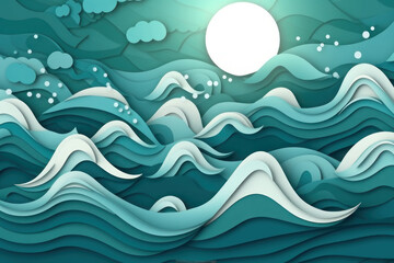 Paper sea waves and sun. Background in papercut style. AI generative.