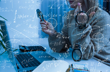 Student or teacher with mathematical and scientific formulas. Concepts of education. Symbols and equations on a virtual interface. Double exposure