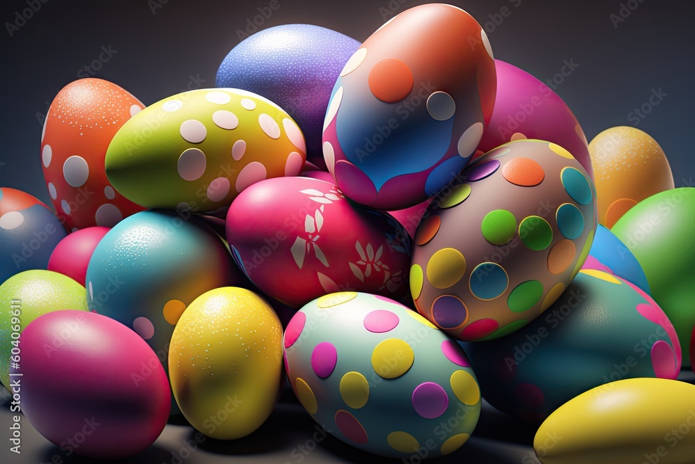 Poster multicolored easter eggs with multicolored circles stuck on them on a dark, glossy background