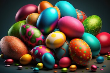 Fototapeta na wymiar Mountain of colorful Easter eggs on a dark background
