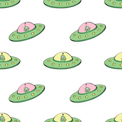 Seamless childish pattern with Flying Saucers, UFO, cute aliens. Vector background and texture for fabric, wrapping, wallpaper, textile, apparel, cover