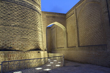 Detail of architectural ensemble Po-i Kalyan in Bukhara by night, Uzbekistan