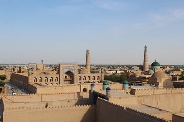 Khiva old town historic centre Ichan Qala (Itchan Kala) from above, arabic architecture, Uzbekistan