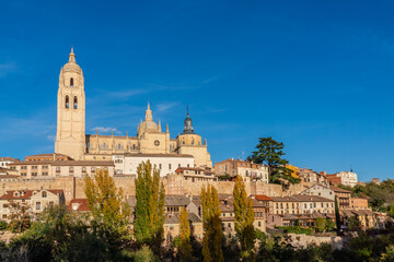 Fototapeta na wymiar Segovia Cathedral - Gothic-style Roman Catholic cathedral located in the square Plaza Mayor square of the city of Segovia, in the community of Castile-Leon, Spain. Landmark and travel destination 