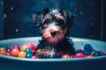 Funny puppy sitting in bathtub waiting for grooming. Banner for pet shop, grooming salon. Generative AI