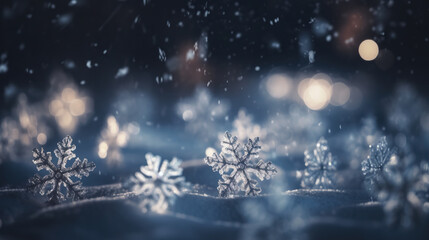 Fototapeta na wymiar Snowflakes on blurred bokeh background, beatiful winter backdrop 