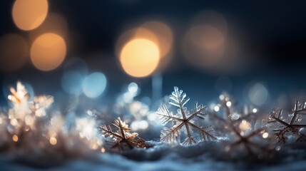 Fototapeta na wymiar Snowflakes on blurred bokeh background, beatiful winter backdrop 