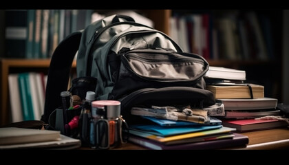 Stacks of textbooks on library bookshelves indoors generated by AI