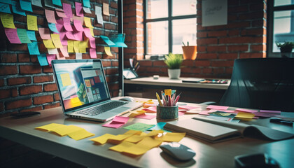 Businessman desk notes, laptop, and messy creativity generated by AI