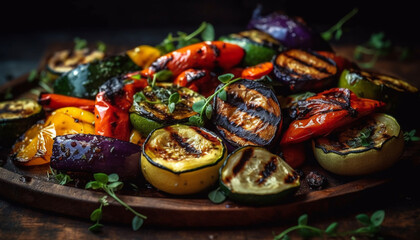 Grilled vegetable plate with fresh tomato and eggplant generated by AI