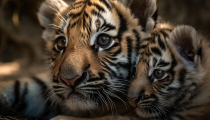 Baby Bengal tiger cub staring at camera generated by AI