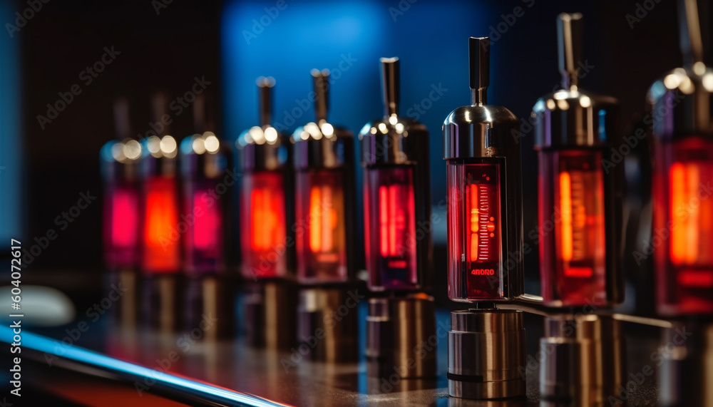 Poster glowing glass bottles in a row at bar generated by ai