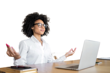 A woman meditates in the office during a break in front of a computer, transparent background, png.