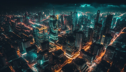Fototapeta na wymiar Illuminated skyscrapers reflect city life at twilight generated by AI