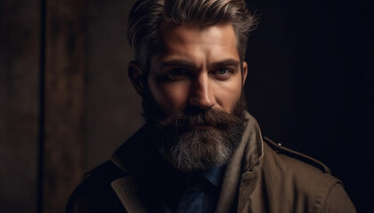 Fototapeta premium Confident man with beard and leather jacket generated by AI
