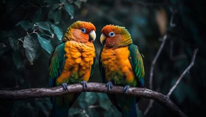 Fototapeta premium Macaw perching on branch, looking at camera generated by AI