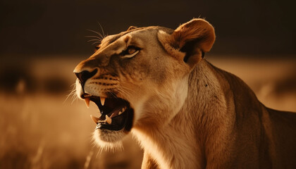 Majestic lioness roaring in the African wilderness generated by AI
