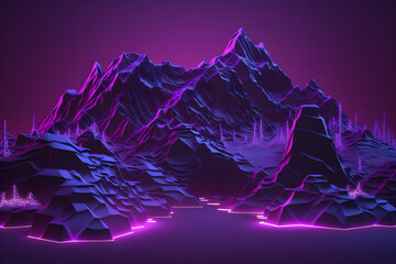 3d rendering, abstract virtual reality violet background, cyber space landscape with unreal mountains. Neon wireframe terrain