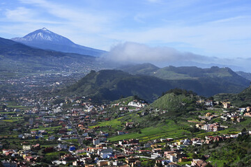 View over Jardina village and Teide Volcano, Anaga rural park and mountains, Tenerife, Canary Islands, Spain