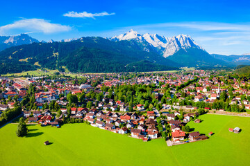 Garmisch-partenkirchen town aerial panoramic view, Germany - obrazy, fototapety, plakaty
