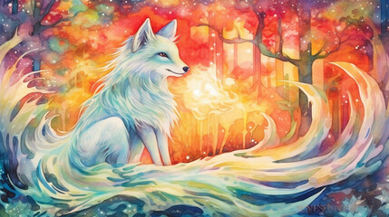 A mystical Nine-Tailed Fox brought to life through stunning watercolor brushstrokes, evoking a sense of ethereal beauty made with Generative AI