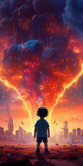Generative AI illustration of a boy standing looking at a huge fire explosion in a destroyed city