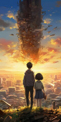 Generative AI illustration of a boy and little sister on a hill looking at a destroyed city and a city above the sky