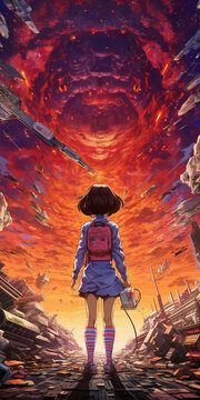 Generative AI illustration of a girl wearing a backpack looking at a big monster behind a red cloud in a destroyed city