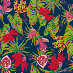 Tropical Leaf, flowers and bananas seamless pattern