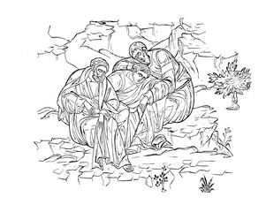 Agony in the Garden. Coloring page on white background