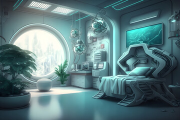 Sci fi futuristic interior of a medical bay with treatment bed and various healthcare equipment and medicines . 3d rendering 