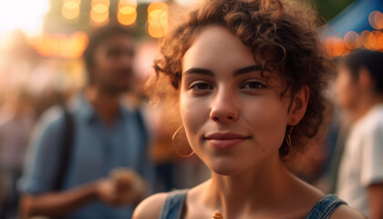 Smiling young women enjoy carefree summer nights generated by AI