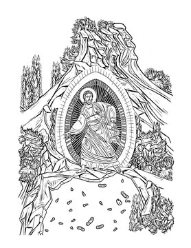 Resurrection of Jesus. Illustration in Byzantine style. Coloring page on white background