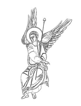White angel. First day after crucifixion. Part of illustration, frescoes in Byzantine styleColoring page on white background