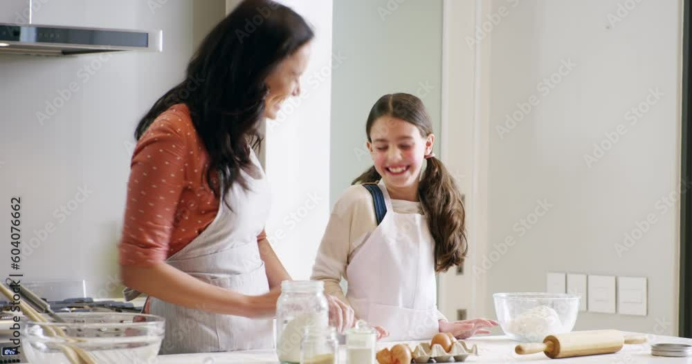 Poster Baking, family and a mother with her girl kid learning about cooking in a kitchen for child development. Bake, kids and ingredients with a woman teaching her daughter about sweet food preparation