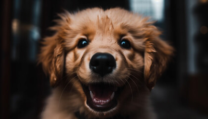 Cute puppy sitting, looking at camera indoors generated by AI