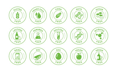 Product free allergen labels. Natural products badges. GMO free emblems. Organic stickers. Healthy eating. Vegan, bio food. Vector illustration.