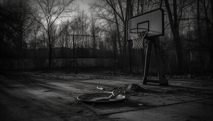 Ruined basketball hoop in abandoned playground, spooky forest generated by AI