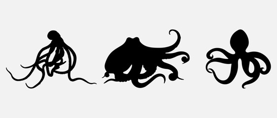 isolated black silhouette of a octopus , vector collection