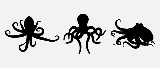 isolated black silhouette of a octopus , vector collection