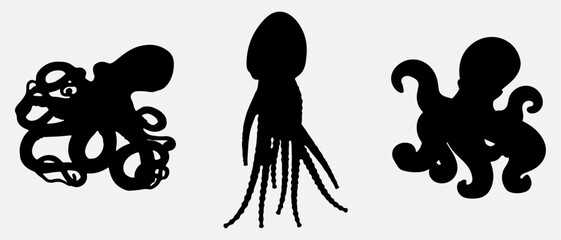 isolated black silhouette of a octopus , vector collection