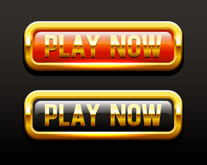 Play now. Two black and red buttons with a golden frame. Vector clipart isolated on dark background.	
