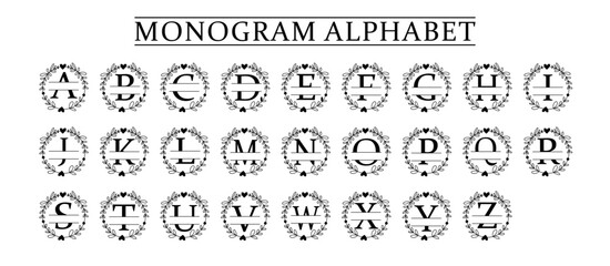 family Monogram letter A-Z, Set of Split alphabet for monogram. Monogram alphabet. Vector illustration for wedding invitation. Set of initial with decorative plant frame and text space 
